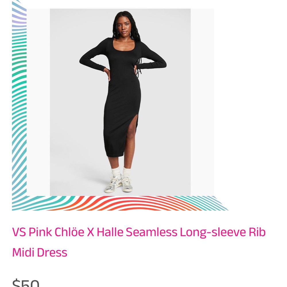 PINK Victoria's Secret Black Seamless Long-Sleeve Rib Midi Dress Chlöe X Halle L